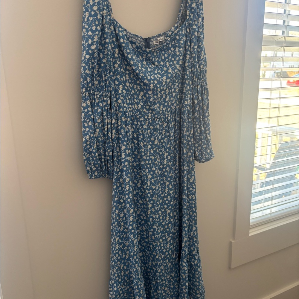 Reformation Blue and White Floral Long Sleeve Midi Dress